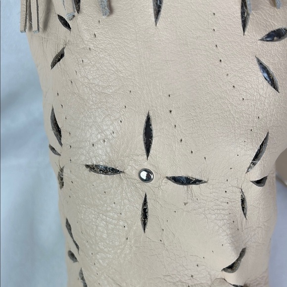 Wild Pair Cream Leather Boots with Geometric Laser Cut Out and Fringe - Picture 3 of 5